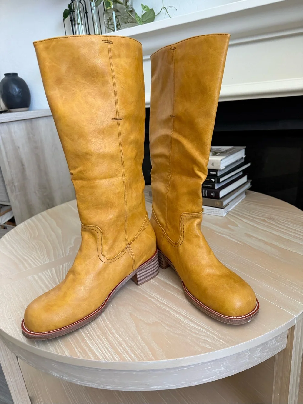 Boutique|Women's Tall  faux Leather Boots in Tan Mustard,stacked heel,size 12•••
